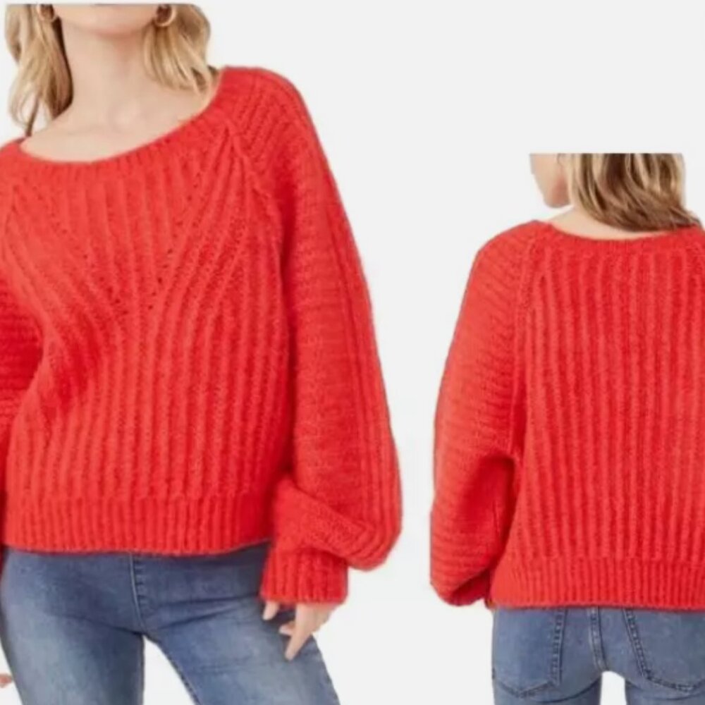 Free People Carter Pullover Off the Shoulder Sweater Red Hot NWT Sz S & M